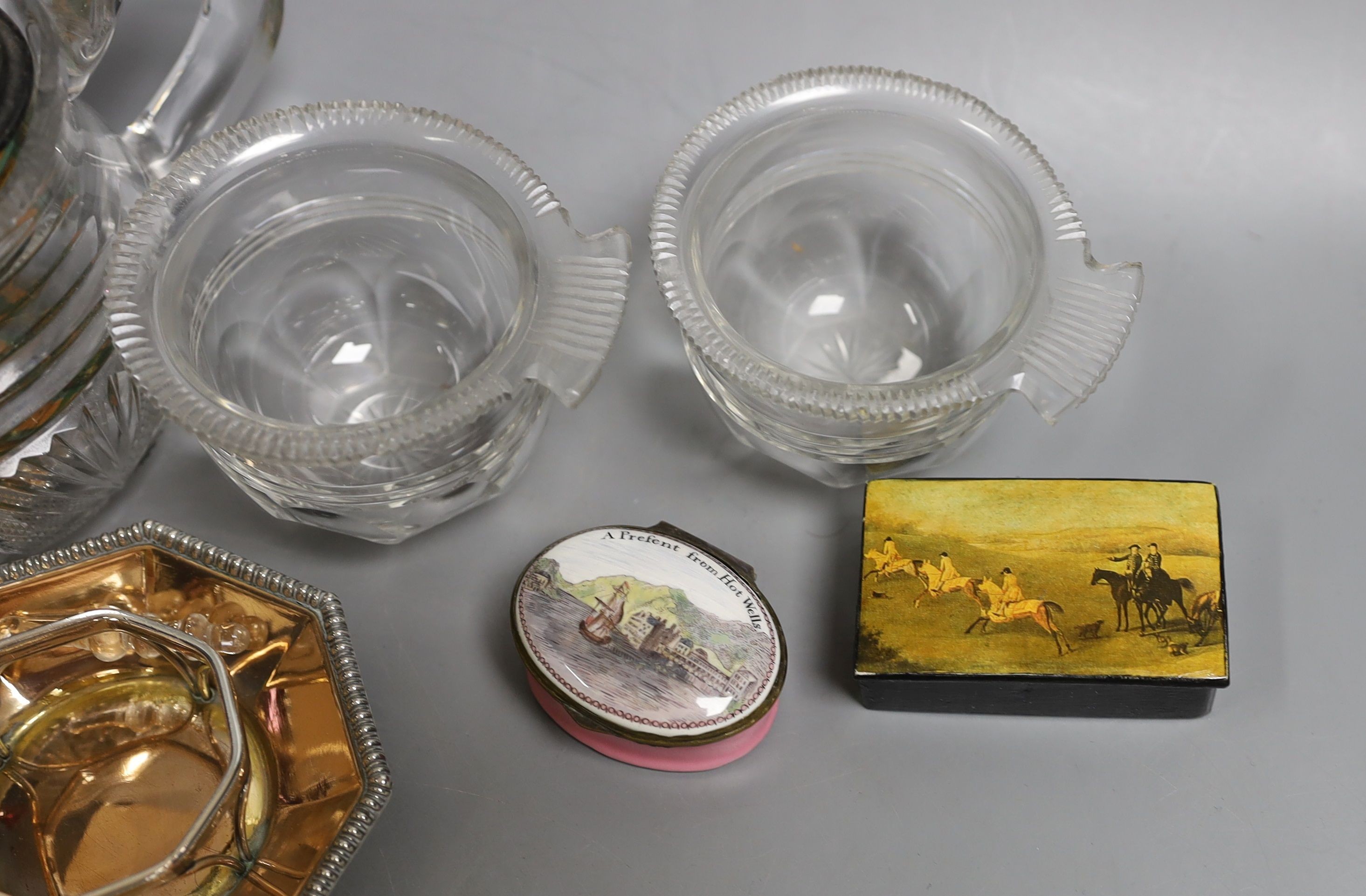 A Mauchlineware glass tumbler, a South Staffordshire enamel oval patch box, cut glass jug etc - 10 in total